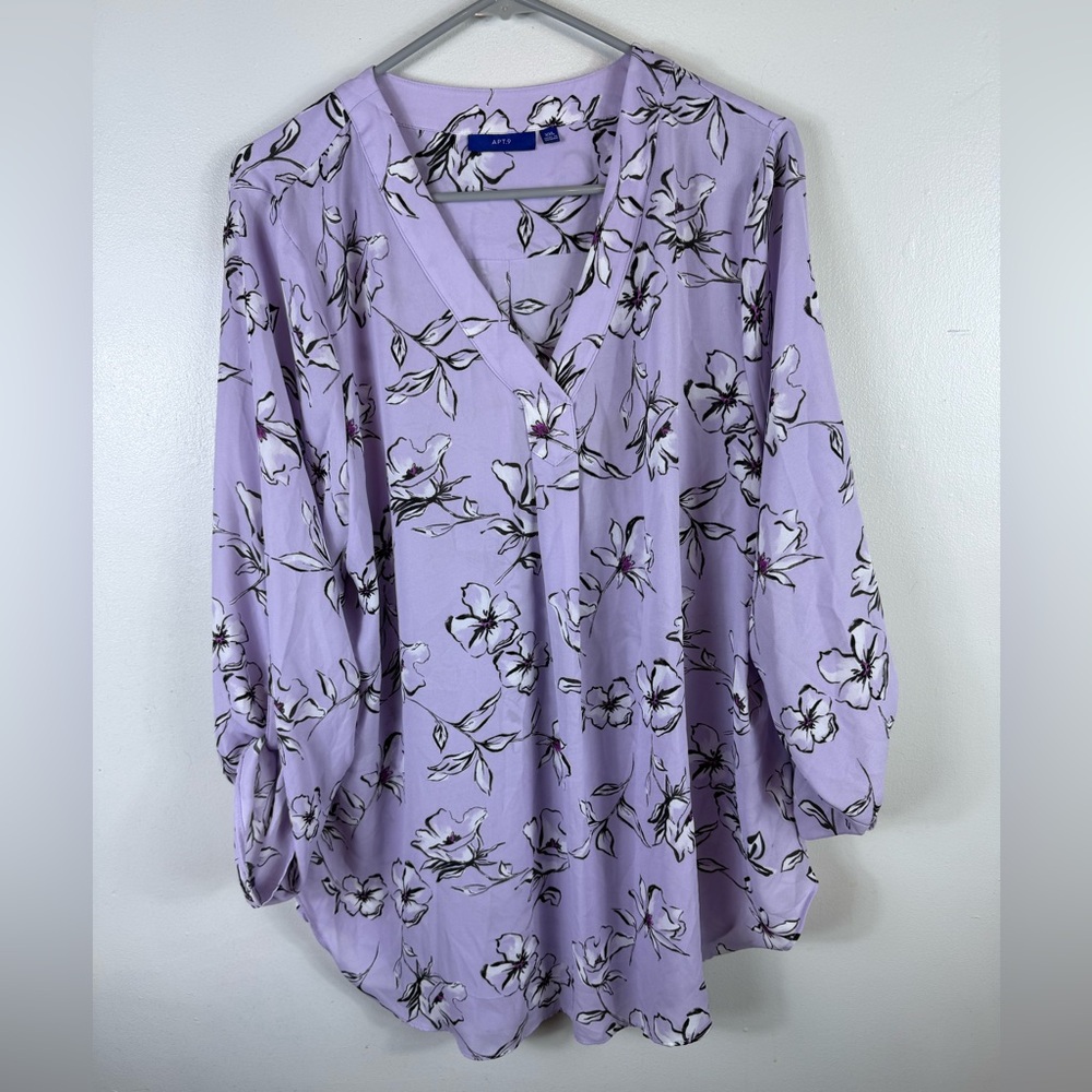 Apt 9 Blouse Tunic Womens Floral XXL Purple Black Roll Tab Lightweight Office